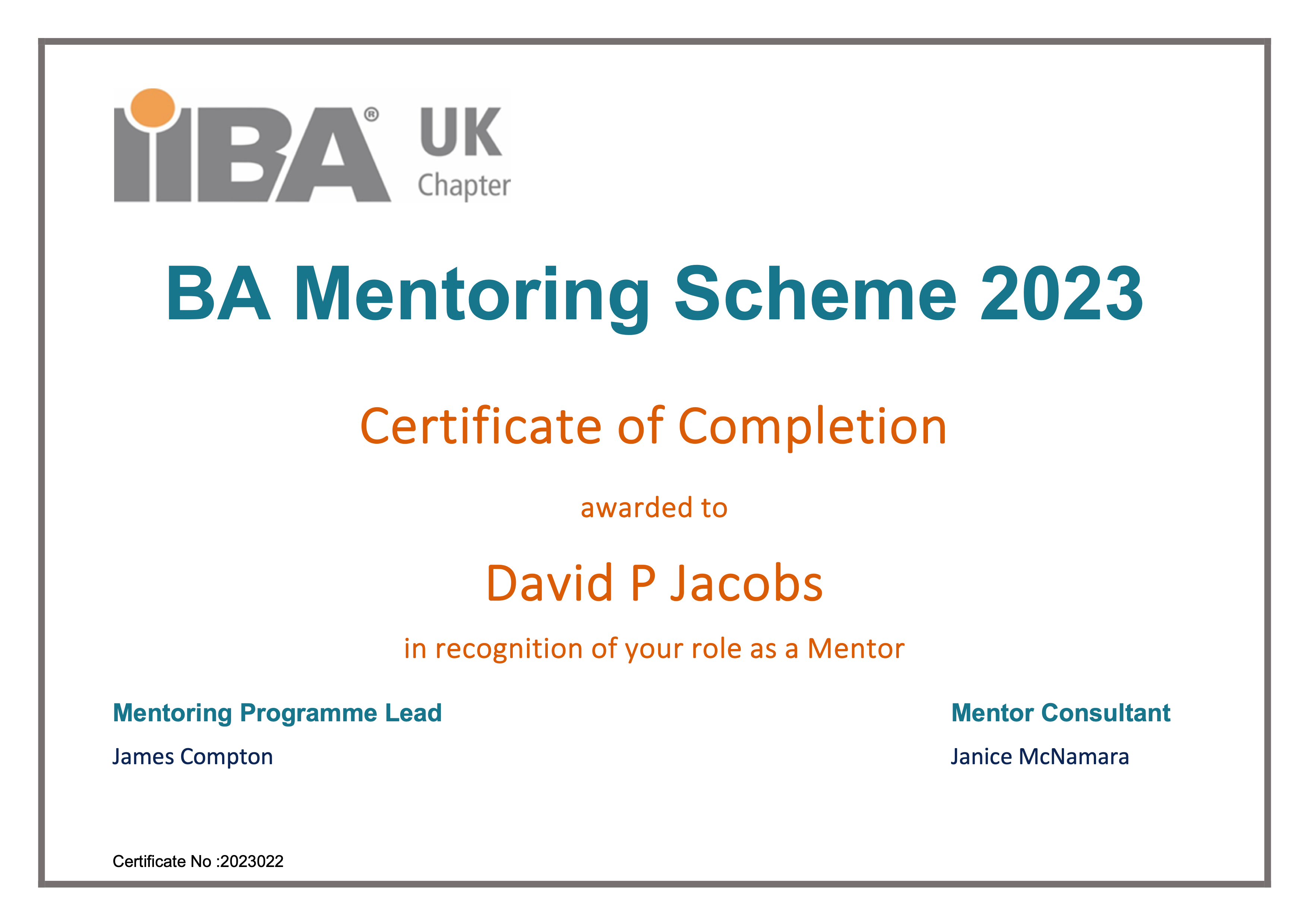 IIBA Mentoring 2022 Certificate of Completion David Jacobs
